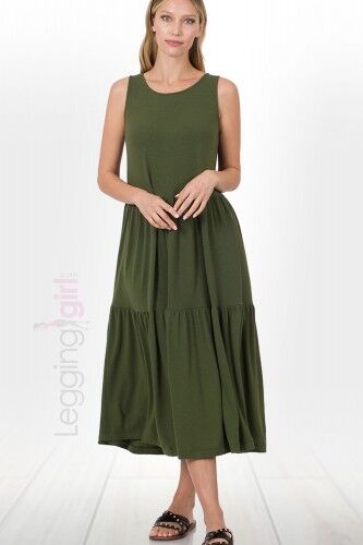 Sleeveless Tiered Midi Dress  - Green